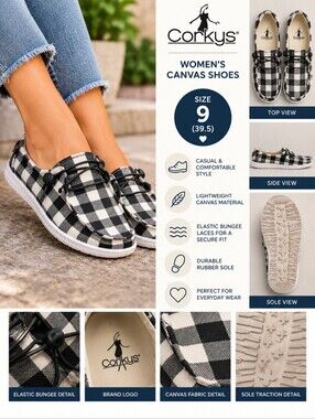 Corkys women's size 9 black plaid canvas shoes #36
